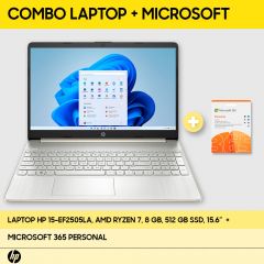 Laptop  HP 15-ef2505la, AMD Ryzen 7, 8 GB, 512 GB SSD, 15.6, HD, Windows 11 Home + Microsoft 365 Personal