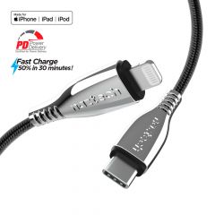 Cable de carga rápida trenzado Lightning USB-C a MFi TITANIO | 6 pies | Negro