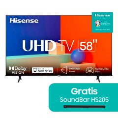 Bundle TV Hisense 58" | 58A6KV | SMART TV 4K | VIDAA | Direct full array | Dolby Vision Atmos | Gratis Soundbar HS205