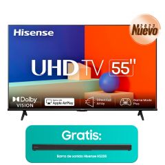 Bundle Televisor 55" Hisense | UHD 4K | VIDAA | AirPlay Ready | Dolby Vision | Bluetooth | 2 Años de Garantía | Gratis Barra de sonido Hisense HS205